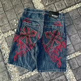 Dodobye Y2K Street New Fashion Skeleton Embroidery Loose Shorts Men Retro Harajuku Pop Hip Hop Gothic High Waist Sports Denim Shorts