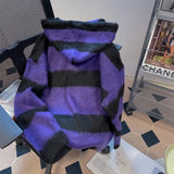 Dodobye Retro Vintage Purple Black Striped Hooded Sweater Autumn Winter New Bull Horn Buckle Cardigan Y2k Long Sleeve Loose Tops Mujer