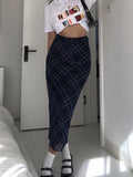 Dodobye- Y2k Plaid Long Skirt Low Waist Slim Women Streetwear Gyaru Mesh Patchwork Straight Maxi Skirt Autumn Fashion Girl