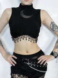 Women's Gothic Design Tops 2024 Summer New Small Vest Dark Moon Chain Small High Neck Sleeveless Tops for Women