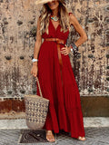 Dodobye Summer Lace Patchwork Dress Women V Neck Vintage Long Dress Sleeveless Boho Party Maxi Dress Female Casual Belted Beach Dress