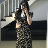 Dodobye Korean Style Hot Girl Floral Kawaii Dress Elegant Tighten The Waist 2024 Spring Summer New Dress Vintage Women Lovely Dress