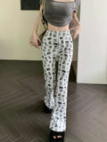 Dodobye Y2k Kawaii Cat Print Flared Pants Women Cute Dog Graphic Sweatpants Japanese Harajuku High Waist Bell Bottoms Trousers