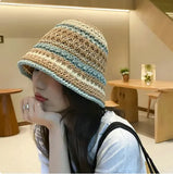 Dodobye Handmade Crochet Striped Bucket Hat For Women Hollow Knitted Cotton Panama Lovely Rainbow Fisherman Hats Summer Holiday Sun Caps