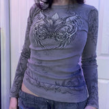 Dodobye Wings Graphic Print Grey T Shirt 00s Vintage Grunge Rib Knitted Tees Shirt Y2K Cyber Edgy Techno Crop Top Women Retro Streetwear