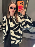 Dodobye Women Fashion Blocking Zebra Print Jacket Chic Lapel Snap Button Long Sleeves Loose Coat 2024 Autumn Female Warm Streetwear