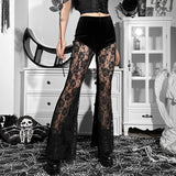 Women's Gothic Pants Pure Black Sexy Lace Casual Pants Music Festival See-through Mesh Splicing Flared Pants