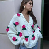 Black Friday Dodobye 3D Rose Flower Knitted Cardigan Female 2024 Autumn Winter Hand-Knitted Sweater Jacket V Neck Fashion Splice Casual Top