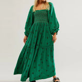 Dodobye Beach Style Holiday Ruffle Swing A Line Maxi Dress Bohemian Floral Dress Women Lady Square Neck Long Sleeve Club Party Dress