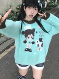 Black Friday Dodobye Kawaii Anime Print Sweater for Women Cutecore Green Knitted Pullover Japan Style Long Sleeve Oversized Winter Clothes