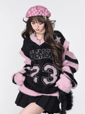 Dodobye Sweet Cool Letter Peinr V-neck Black Pink Tops Women Y2k E-Girl Hollow Out Long Sleeve Pullovers Mid-length Loose Sweaters Mujer