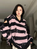 Black Friday Dodobye Harajuku Striped Sweater Oversize Y2k Style Pink Detachable Sleeves Star Print Jumpers Gothic Winter Korean Alt Clothes