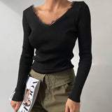 Dodobye Korean Fashion Casual Basic Black White Tees Autumn Rib Knitted Long Sleeve T-shirt Fairycore Lace Trim V Neck Crop Tops Clothes