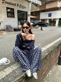 Black Friday Dodobye Navy Blue Skew Collar Sweatshirt Women Letter Print Oversized Streetwear Hoodie Wide Leg Plaid Pants Two Peice Sets Chic