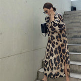 Dodobye New Summer Women's Vintage Leopard Print Long Dress Fashion V-Neck Long Sleeve Loose Dresses Sexy Temperament Ladies Clothes