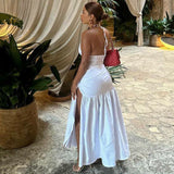 Dodobye White Halter Sexy Two Piece Set Backless Ruffle Evening Party Bodysuit Long Skirt Women Set Elegant 2 Piece Set Women