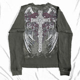 Dodobye Cyber Grunge Y2K 00s Vintage Baggy Tops E-girl Coss Wings Print T-shirt Skull Graphic Long Sleeve Tees Autumn Gothic Clothes