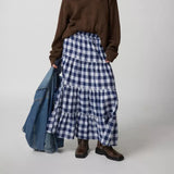 Dodobye Women 2000s Aesthetic Plaid Tiered Maxi Skirts Elastic High Waist Vintage Gingham Pleated Y2K Flowy Swing A Line Long Skirts