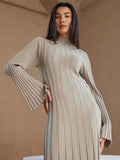 Black Friday Dodobye Fall Winter New Knitted Dress Female Casual Big Striped High Collar Sweater Long Dress Elegant Flare Sleeve Party Dresses