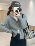 Black Friday Dodobye Double Zipper Cropped Knitwear Basic Zip Up Hooded Knitted Cardigan Slim Long Sleeve Sweaters for Women Winter Clothes