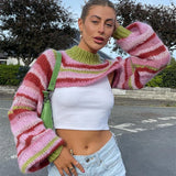 Dodobye Y2K Vintage Striped Loose Long Sleeves Pullover Crop Tops Chic Women Knitted Shrug Sweater 00s Retro Smock T-shirt Streetwear