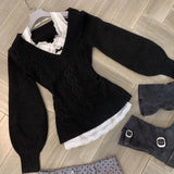 Dodobye Fashion Simple V-neck Black Slim Waist Sweaters Mujer 2024 Autumn New Lace Tops Women Y2k Long Sleeve Knitted Pullover