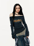 Black Friday Dodobye Y2k Vintage Striped Off Shoulder Sweater Gray Letter Print Pullover Gothic Style Long Sleeve Punk Grunge Alt Clothes 90s