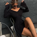 Black Friday Dodobye Autumn Winter Sweater Dress Sexy Off-Shoulder Women's A-Line Hem Elegant Rib Knit Mini Dresses Long Sleeve Higt Waisted