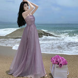 Dodobye 2024 Summer Purple Fairy Evening Party Long Dress Women Vintage Sexy Dresses Ladies Spaghetti Strap Tulle Pleated Dress Backless