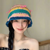 Dodobye Korean Version Sweet Hand-woven Bow Bucket Hats for Women Spring and Summer Hollow Breathable Travel Versatile Knitted Caps