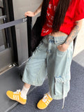 Dodobye Y2k White Calf-Length Cargo Pants Women Baggy High Wasit Denim Shorts Safari Style Summer Korean Wide Leg Jeans Female