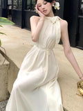 Dodobye French Elegant Halter Sleeveless Long Dresses for Women Solid Summer New Holiday Style A-line Evening Dress Prom Robe Vestido