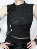 Women's Gothic Tops 2024 Summer New Diablo Style Rays Butterfly Embroidery Tie Tops Tank Top