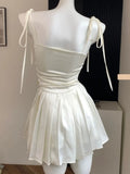 Dodobye Sexy Satin Short Dress with Belt Chain Women New Summer Solid Spaghetti Strap Slim A-line Pleated Korean Chic Y2K Party Dresses