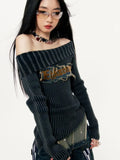 Black Friday Dodobye Y2k Vintage Striped Off Shoulder Sweater Gray Letter Print Pullover Gothic Style Long Sleeve Punk Grunge Alt Clothes 90s