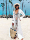 Dodobye Sexy Hollow Out White  Summer Dress Beach Tunic Women Beachwear Long Sleeve Front Open Self Belted Maxi Dresses Q964