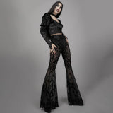 Women's Elegant Design Trousers 2024 Skinny Sheer Cross Totem Flocked Mesh Flared Pants