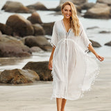 Dodobye Sexy Hollow Out White  Summer Dress Beach Tunic Women Beachwear Long Sleeve Front Open Self Belted Maxi Dresses Q964