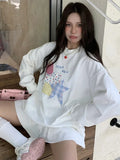 Black Friday Dodobye Kawaii Strawberry Patchwork Hoodies Women White Star Graphic Long Sleeve Oversized Streetwear Autumn Y2k Clothes 2000s