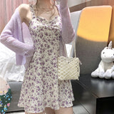 Dodobye Floral Slip Dress Ladies Mini A-line Strap Dress  High Waist Ruched Purple Sundress For Women Spring  Clothing Robe Femme Fairy Dress