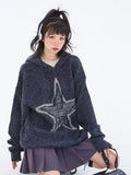 Black Friday Dodobye Vintage Star Graphic Knitted Hoodie Loose Casual Long Sleeve Sweater Pullover for Women Autumn Harajuku Streetwear Tops