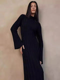 Black Friday Dodobye Fall Winter New Knitted Dress Female Casual Big Striped High Collar Sweater Long Dress Elegant Flare Sleeve Party Dresses