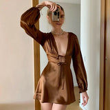 Dodobye Chic Women Sexy Front Tie Up Long Sleeve Mini Dress Y2K Vintage Elegant Lady Satin A-line Dress Birthday Party Night Streetwear