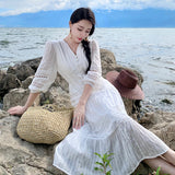 Dodobye French New White Elegant V-neck Princess Evening Party Long Dress For Women Spring Summer Slim Three-quarter Sleeve Korean Dress