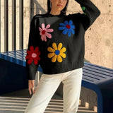 Black Friday Dodobye Crochet Flower Pullover Knitted Sweater Women's Fashion Loose Lantern Long Sleeve Embroidery Knit Top Streetwear Fashion