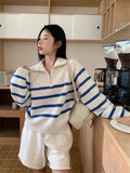 Black Friday Dodobye Blue Stripe Sweater Women Zipper Mock Neck Pullover Korean Fashion Vintage Basic Raglan Sleeve Winter Clothes Ins 2024