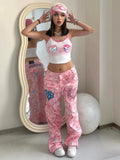 Dodobye Pink Y2k Camouflage Denim Pants Women Hip Hop Vintage Baggy Embroidery Straight Wide Leg Jeans Streetwear Chic Trousers