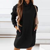 Dodobye Women Long Sleeve Hoodies Hooded Dress Knee Length Sweatshirts Dresses Casual Loose Fit Pullover Spliced Pockets Solid 2024