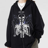 Dodobye Y2K Aesthetic Zip Up Sweatshirts E-girl Gothic Grunge Emo Skeletons Wings Print Oversized Hoodies Autumn Long Sleeve Coat Top