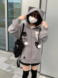 Black Friday Dodobye Cat Print Grey Knitted Cardigan Ears Hooded Sweater Women Oversized Long Sleeve Soft Girl Cutecore Zip Up Winter Clothes